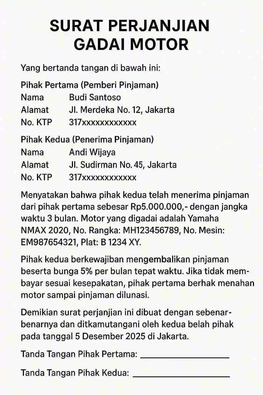 Surat Perjanjian Gadai Motor
